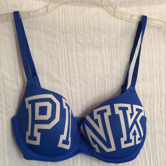 VICTORIAS SECRET PINK womans SZ 32D padded underwire bra blue white pink logo - Picture 9 of 13
